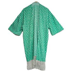 Anandas Collection Swimwear Cover Up Polka Dots Fringe Green Open Front One Size